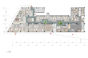 A detailed 2D architectural drawing of a modern office layout.