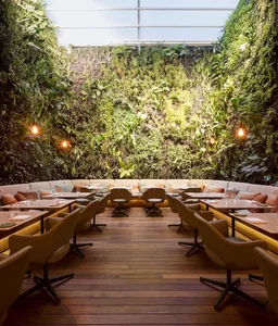A modern restaurant interior with wooden floors and a living wall.