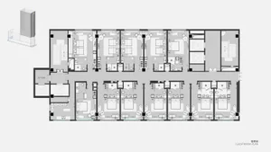 Floor plan of an apartment hotel showing guestrooms and common areas.