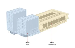 3D rendering of a modern hotel and convention center with a glass and concrete exterior.