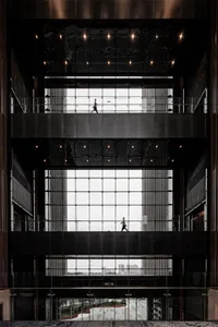 Modern building interior with glass walls and metal elements