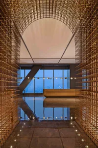 Modern lobby featuring metallic wire architecture