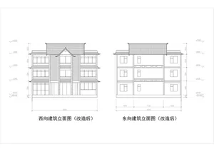 Wireframe architectural drawing of a house with measurements showing the redesign after