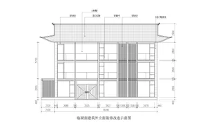 Traditional Chinese architectural building exterior with detailed plans and dimensions showcasing glass materials and traditi