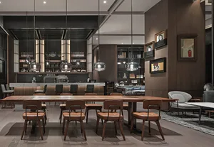 A modern coffee shop with wooden tables, glass shelves, and metal accents.