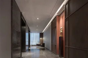 Modern interior corridor with wooden paneling and marble floor tiles