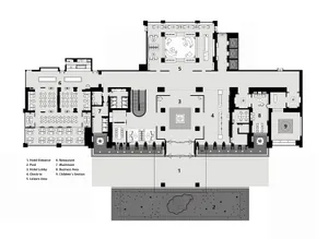Schematic floor plan of a hotel interior showing various rooms and areas like lobby, restaurant, business area, and children'