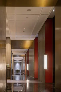 Modern, minimalist corridor with metallic finish and wooden panels