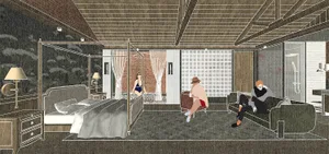 An illustration of a modern living room with a couch, coffee table, and side tables.