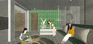 A modern relaxation room featuring concrete tiles and a green tiled bathtub area.