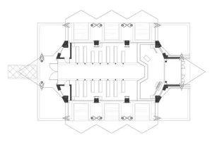Floor plan of a church interior, showing pews, an altar, and other religious symbols.