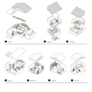 Interiors of various rooms in a house, including a guest room, dining room, living room, and kitchen, showcasing different ar