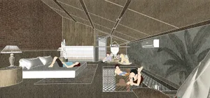 A modern industrial loft space with brick walls and concrete floors showing a living area with a bed, couch, and seating area