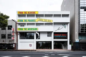 A modern architectural building exterior painted white, featuring text banners with the phrase 'From The Heavens', 'From The 