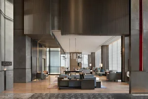 Industrial-style lobby with concrete walls and floors