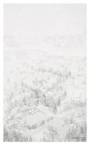 Landscape design depicted on paper, including mountains, trees, and buildings.