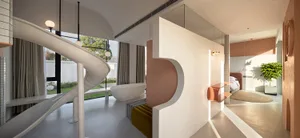 Modern minimalist residential interior with concrete walls, wood accents, and floor-to-ceiling windows.