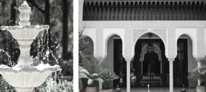 Modern entrance with arches featuring intricate stone detailing.