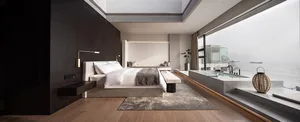 Modern, minimalist bedroom featuring concrete elements, large window, and indoor plants.