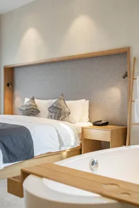 A modern minimalist bedroom featuring minimalist furniture and wood accents.