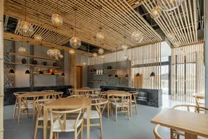 Bamboo and marble interior design of a modern restaurant