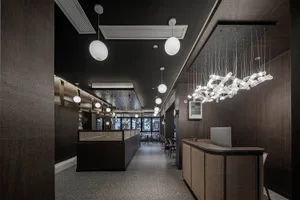 A modern office with wooden finishes, featuring clean lines and contemporary design elements.