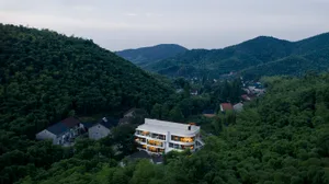 A modern, white residential house nestled in a green forested hillside.