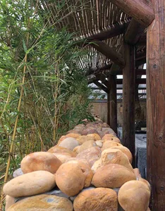 An artistic rock garden featuring natural stones and bamboo.