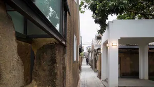 Concrete street view with greenery and people walking.