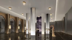 Modern interior design with black metallic columns and archways, featuring sleek, polished finishes and contemporary lighting