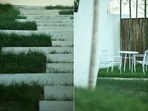 Modern outdoor space featuring concrete stairs with lush green grass
