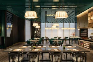 A modern restaurant dining room with large windows, green pendant lights, and meticulously set tables.