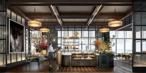 Modern bakery shop interior with wood floors, glass counter displays, and metal shelving.