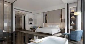 A modern bedroom featuring textured materials and contemporary design elements.