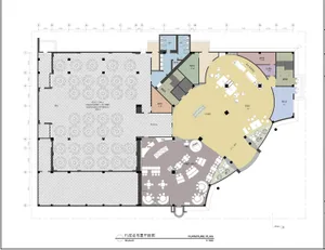 Floor plan of a commercial space featuring various functional zones and areas.