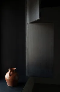 A minimalist interior design featuring metallic shadows on dark, textured walls.