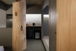 A modern minimalist residential space featuring metallic texture surfaces.