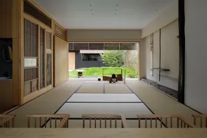 Contemporary-style living room with natural-fiber flooring and paper mats