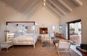 A minimalist bedroom with a white canopy bed, a fireplace, and a hanging chair outside.