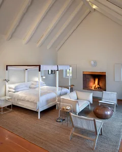 A minimalist bedroom with white furniture, a canopy bed, and a fireplace.