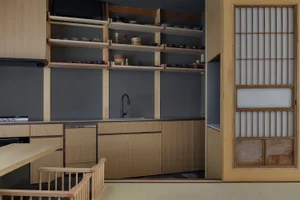 A minimalist residential kitchen with wooden elements and black accents.