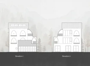 Architectural elevation drawings showing building exteriors.