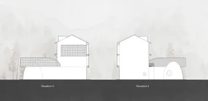 A render of a building exterior with a white facade and simple geometric shapes.