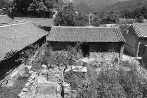 A courtyard with tiled roofs surrounded by traditional buildings and greenery.
