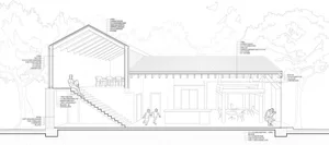 A detailed architectural drawing showing a house with concrete and wood materials.
