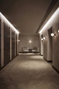 A minimalist corridor with wooden flooring and walls, featuring two armchairs.