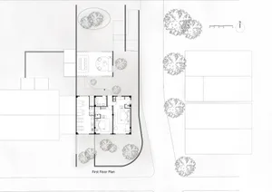 Floor plan of a modern contemporary living room with a wood floor, single-story layout, and a centrally located fireplace.