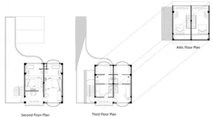 Floor plans showing the layout of a residential building's second and third levels.