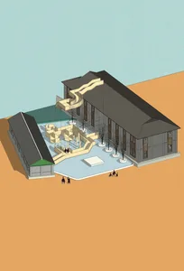 一處混凝土操場，設有溜滑梯與階梯，呈現學校的3D建築渲染圖。