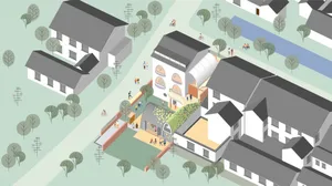An illustration of an urban design featuring mixed materials.
